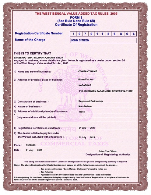 India West Bengal certificate of registration Word and PDF template